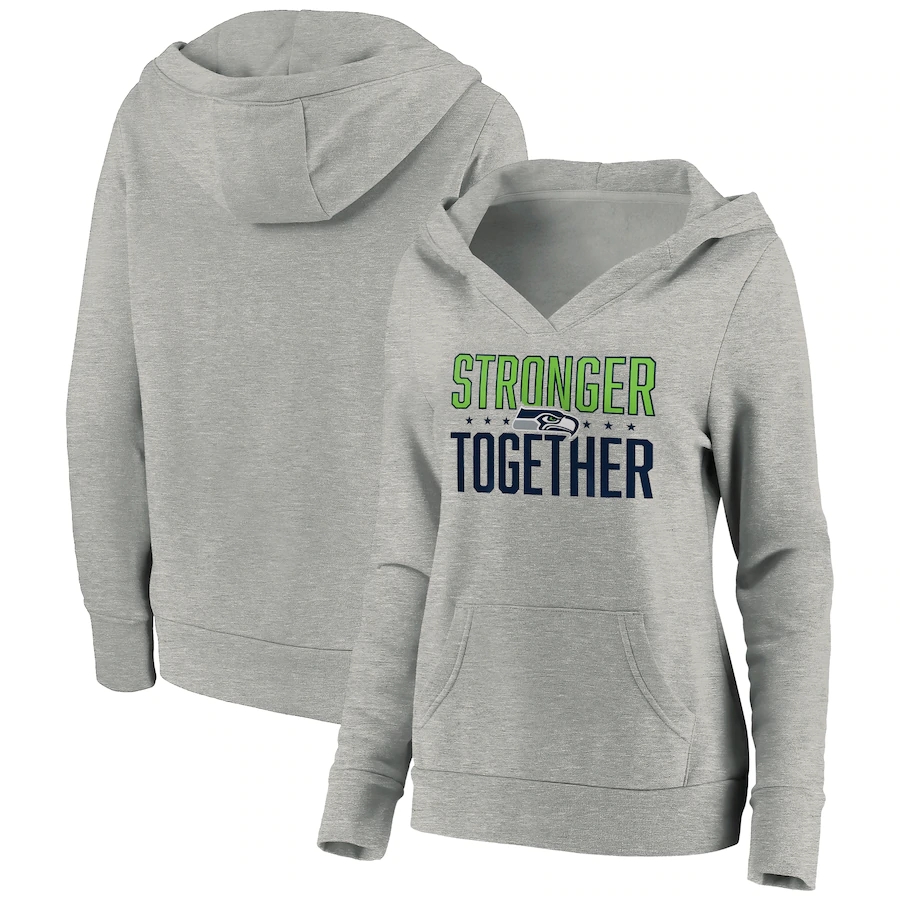 Women's Seattle Seahawks Heather Gray Stronger Together Crossover Neck Pullover Hoodie(Run Small)